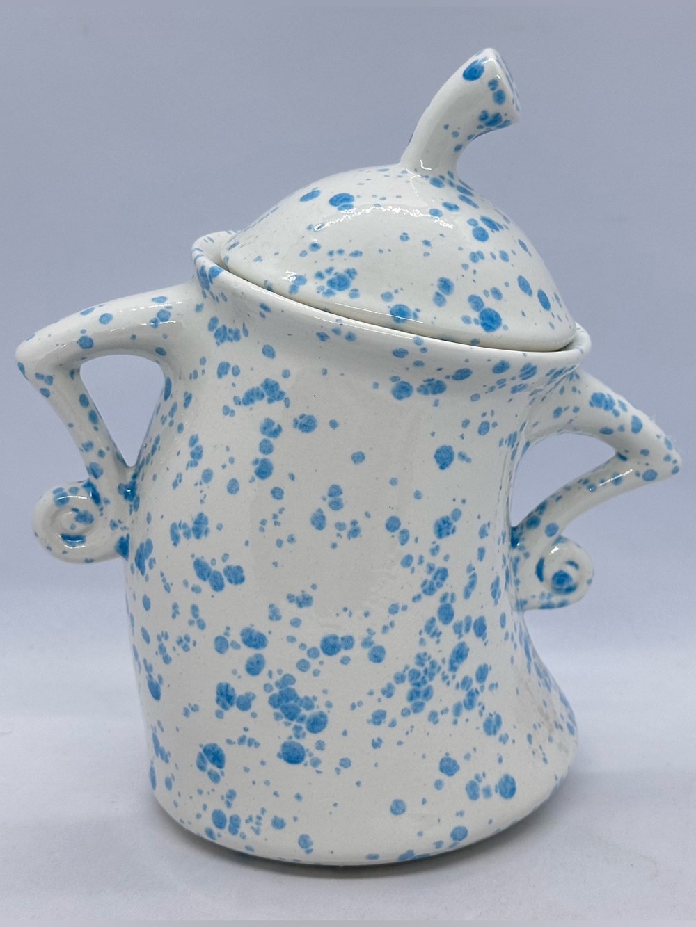 Mayco 2013 Whimsical Ceramic White and Light Blue Speckled Dancing Canister